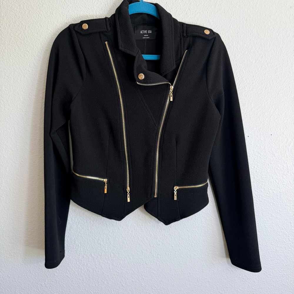 Active USA Womens Black Cropped Moto Jacket Gold Zip Asymmetrical Medium